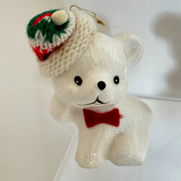 Vtg Snow Bear Ornaments 4 Porcelain Bears Knit Hats Bows Christmas Around the - Picture 7 of 16